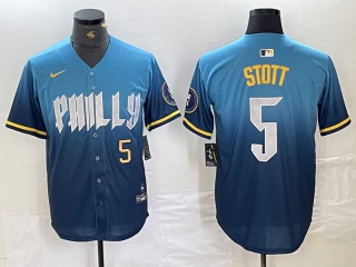 Men's MLB Philadelphia Phillies #5 Bryson Stott Blue Gold Number 2024 City Connect Limited Cool Base Stitched Jersey