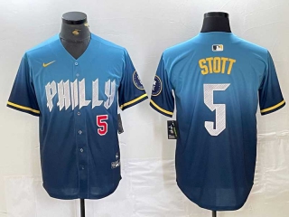 Men's MLB Philadelphia Phillies #5 Bryson Stott Blue Red Number 2024 City Connect Limited Cool Base Stitched Jersey