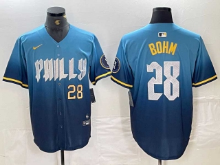 Men's MLB Philadelphia Phillies #28 Alec Bohm Blue Gold Number 2024 City Connect Limited Cool Base Stitched Jersey