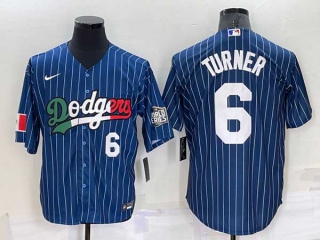 Mens Los Angeles Dodgers #6 Trea Turner Navy Blue Pinstripe Mexico 2020 World Series Cool Base Nike Jersey (9)