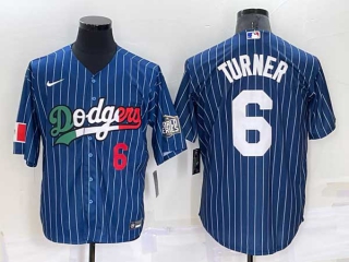 Mens Los Angeles Dodgers #6 Trea Turner Navy Blue Pinstripe Mexico 2020 World Series Cool Base Nike Jersey (10)