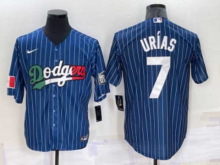 Mens Los Angeles Dodgers #7 Julio Urías Navy Blue Pinstripe Mexico 2020 World Series Cool Base Nike Jersey (25)