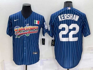 Mens Los Angeles Dodgers #22 Clayton Kershaw Rainbow Pinstripe Mexico Cool Base Nike Jersey (23)