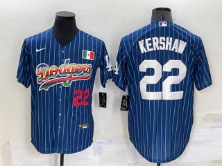 Mens Los Angeles Dodgers #22 Clayton Kershaw Rainbow Pinstripe Mexico Cool Base Nike Jersey (25)