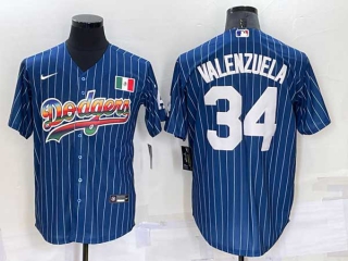 Men's Los Angeles Dodgers #34 Fernando Valenzuela Rainbow Pinstripe Mexico Cool Base Nike Jersey (21)