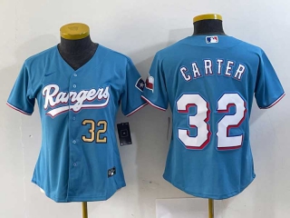 Women's MLB Texas Rangers #32 Evan Carter Light Blue Gold Number Cool Base Jersey