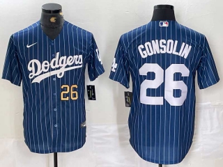 Men's MLB Los Angeles Dodgers #26 Tony Gonsolin Navy Blue Gold Number Pinstripe Stitched Cool Base Nike Jersey
