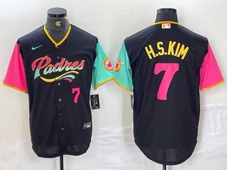 Men's MLB San Diego Padres #7 Ha Seong Kim Black Pink Number 2023 City Connect Cool Base Stitched Jersey
