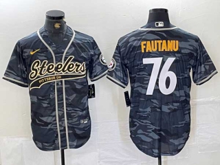 Men's NFL Pittsburgh Steelers #76 Troy Fautanu Grey Camo With Patch Cool Base Stitched Baseball Jersey