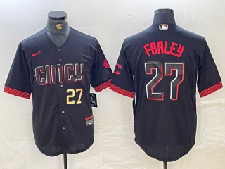 Men's MLB Cincinnati Reds #27 Jake Fraley Black Gold Number City Connect Cool Base Stitched Jersey