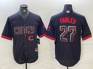 Men's MLB Cincinnati Reds #27 Jake Fraley Black Logo City Connect Cool Base Stitched Jersey