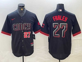 Men's MLB Cincinnati Reds #27 Jake Fraley Black Red Number City Connect Cool Base Stitched Jersey