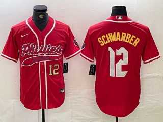 Men's MLB Philadelphia Phillies #12 Kyle Schwarber Red Gold Number 2024 City Connect Limited Stitched Jersey