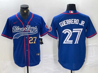 Men's MLB Toronto Blue Jays #27 Vladimir Guerrero Jr Blue Gold Number Cool Base Stitched Baseball Jersey