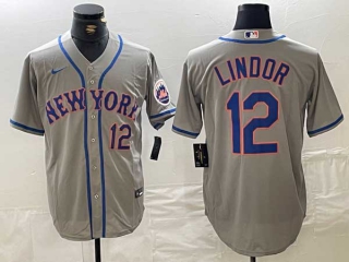 Men's MLB New York Mets #12 Francisco Lindor Grey Cool Base Nike Stitched Jersey