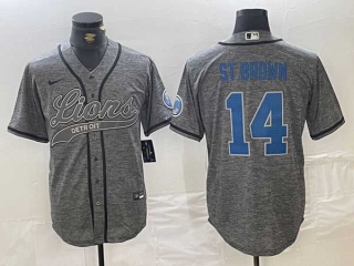 Men's NFL Detroit Lions #14 Amon-Ra St. Brown Gray Gridiron With Patch Cool Base Stitched Baseball Jersey