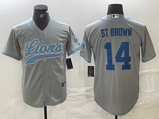 Men's NFL Detroit Lions #14 Amon-Ra St. Brown Gray With Patch Cool Base Stitched Baseball Jersey