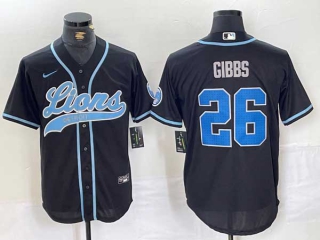 Men's NFL Detroit Lions #26 Jahmyr Gibbs Black With Patch Cool Base Stitched Baseball Jersey