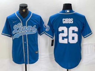 Men's NFL Detroit Lions #26 Jahmyr Gibbs Blue With Patch Cool Base Stitched Baseball Jersey