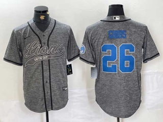 Men's NFL Detroit Lions #26 Jahmyr Gibbs Grey Gridiron With Patch Cool Base Stitched Baseball Jersey