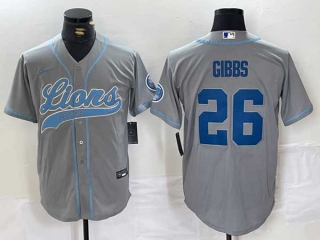 Men's NFL Detroit Lions #26 Jahmyr Gibbs Grey With Patch Cool Base Stitched Baseball Jersey