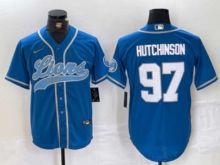 Men's NFL Detroit Lions #97 Aidan Hutchinson Blue With Patch Cool Base Stitched Baseball Jersey