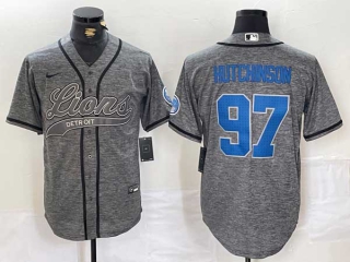 Men's NFL Detroit Lions #97 Aidan Hutchinson Grey Gridiron With Patch Cool Base Stitched Baseball Jersey