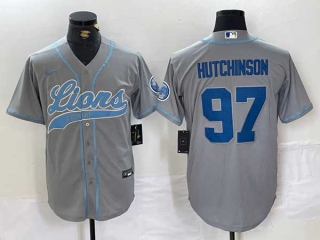 Men's NFL Detroit Lions #97 Aidan Hutchinson Grey With Patch Cool Base Stitched Baseball Jersey