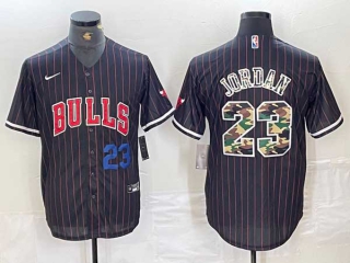 Men's NBA Chicago Bulls #23 Michael Jordan Black Camo Blue Number Pinstripe Cool Base Stitched Baseball Jersey