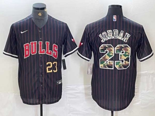 Men's NBA Chicago Bulls #23 Michael Jordan Black Camo Gold Number Pinstripe Cool Base Stitched Baseball Jersey