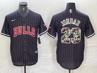 Men's NBA Chicago Bulls #23 Michael Jordan Black Camo Pinstripe Cool Base Stitched Baseball Jersey