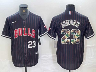 Men's NBA Chicago Bulls #23 Michael Jordan Black Camo White Number Pinstripe Cool Base Stitched Baseball Jersey