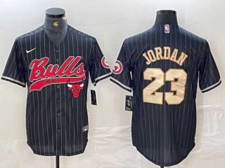 Men's NBA Chicago Bulls #23 Michael Jordan Black Gold Pinstripe Cool Base Stitched Baseball Jersey