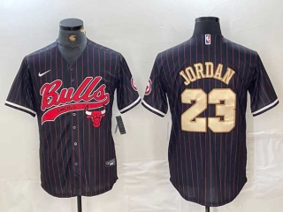 Men's NBA Chicago Bulls #23 Michael Jordan Black Red Gold Pinstripe Cool Base Stitched Baseball Jersey