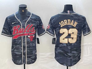 Men's NBA Chicago Bulls #23 Michael Jordan Navy Camo Gold With Patch Cool Base Stitched Baseball Jersey