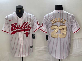 Men's NBA Chicago Bulls #23 Michael Jordan White Gold Pinstripe Cool Base Stitched Baseball Jersey