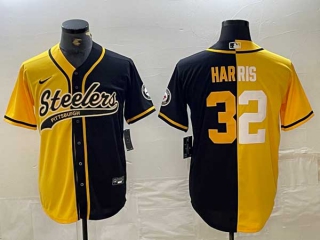 Men's NFL Pittsburgh Steelers #32 Franco Harris Yellow Black Split With Patch Cool Base Stitched Baseball Jersey