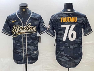 Men's NFL Pittsburgh Steelers #76 Troy Fautanu Grey Camo With Patch Cool Base Stitched Baseball Jersey