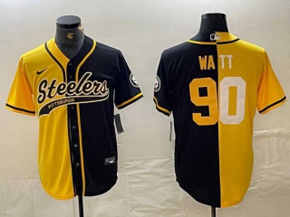 Men's NFL Pittsburgh Steelers #90 T.J. Watt Yellow Black Split With Patch Cool Base Stitched Baseball Jersey