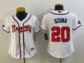 Women's MLB Atlanta Braves #20 Marcell Ozuna White Gold World Series Champions Cool Base Stitched Jersey