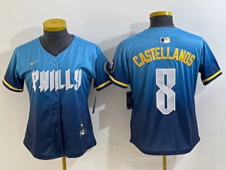 Women's MLB Philadelphia Phillies #8 Nick Castellanos Blue 2024 City Connect Limited Stitched Jersey