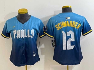 Women's MLB Philadelphia Phillies #12 Kyle Schwarber Blue 2024 City Connect Limited Stitched Jersey