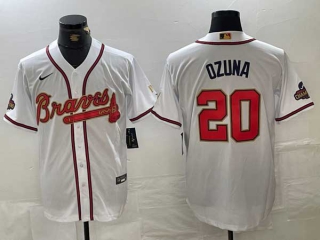 Men's MLB Atlanta Braves #20 Marcell Ozuna White Gold World Series Champions Cool Base Stitched Jersey