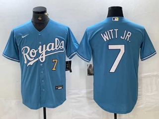 Men's MLB Kansas City Royals #7 Bobby Witt Jr Gold Number Light Blue Cool Base Nike Stitched Jerseys