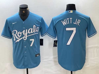 Men's MLB Kansas City Royals #7 Bobby Witt Jr White Number Light Blue Cool Base Nike Stitched Jerseys