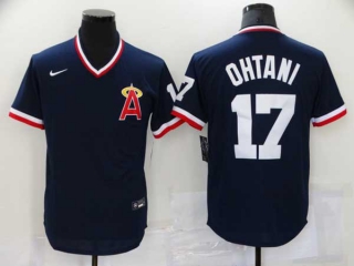 Men's MLB Los Angeles Angels #17 Shohei Ohtani Navy Blue Throwback Cooperstown Collection Stitched Nike Jersey