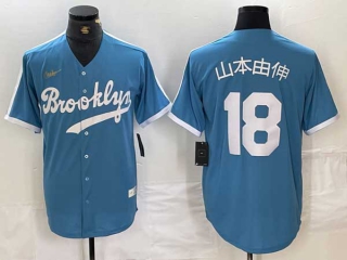 Men's MLB Los Angeles Dodgers #18 山本由伸 Light Blue Japanese Cooperstown Collection Cool Base Jersey