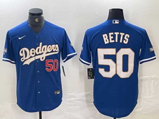 Men's MLB Los Angeles Dodgers #50 Mookie Betts Royal Blue Championship Cool Base Sttiched Jersey