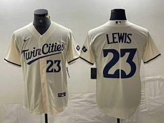 Men's MLB Minnesota Twins #23 Royce Lewis Cream Navy Number Cool Base Stitched Nike Baseball Jersey