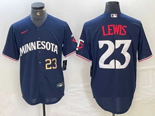 Men's MLB Minnesota Twins #23 Royce Lewis Navy Blue Gold Number Cool Base Nike Stitched Jersey